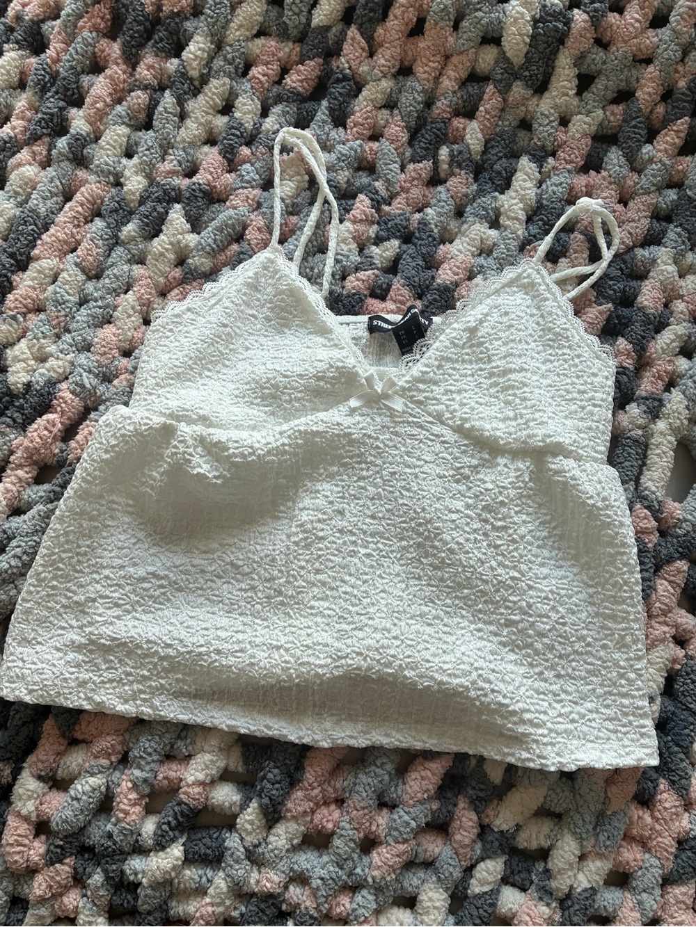 Streetwear Society White Textured Cami with Bow Accent